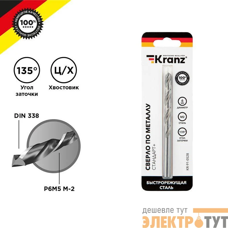 Сверло по металлу 6мм "Стандарт+" (P6M5 M-2) DIN 338 (блист.1шт) Kranz KR-91-0528