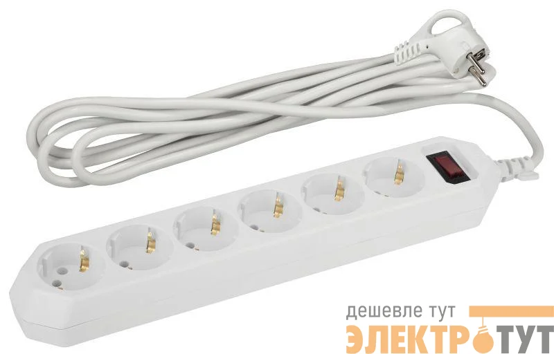 Удлинитель с сетевым фильтром 6х3м с заземл. 10А IP20 USF-6es-3m-W с выкл. с базов. защитой бел. Эра Б0037262
