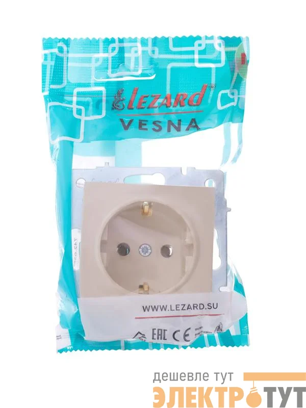 Розетка 1-м СП Vesna с заземл. ПБТ механизм крем. LEZARD 742-0388-122B