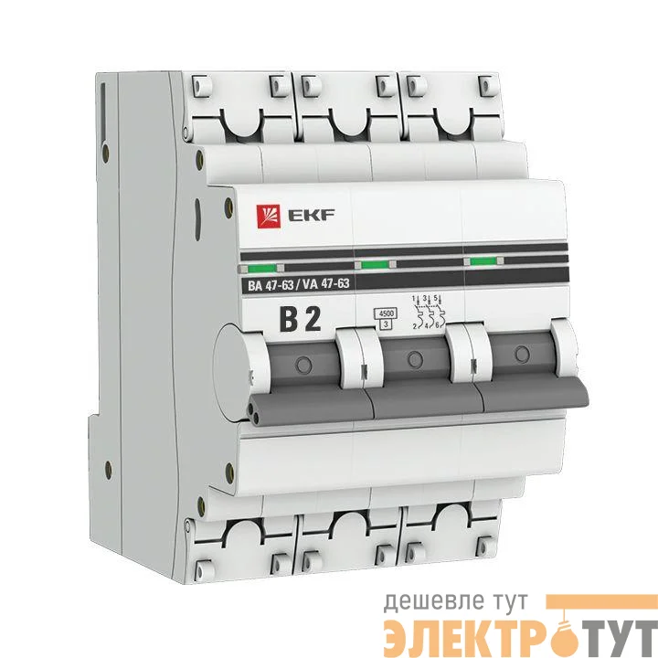 Выключатель автоматический модульный 3п B 2А 4.5кА ВА 47-63 PROxima EKF mcb4763-3-02B-pro