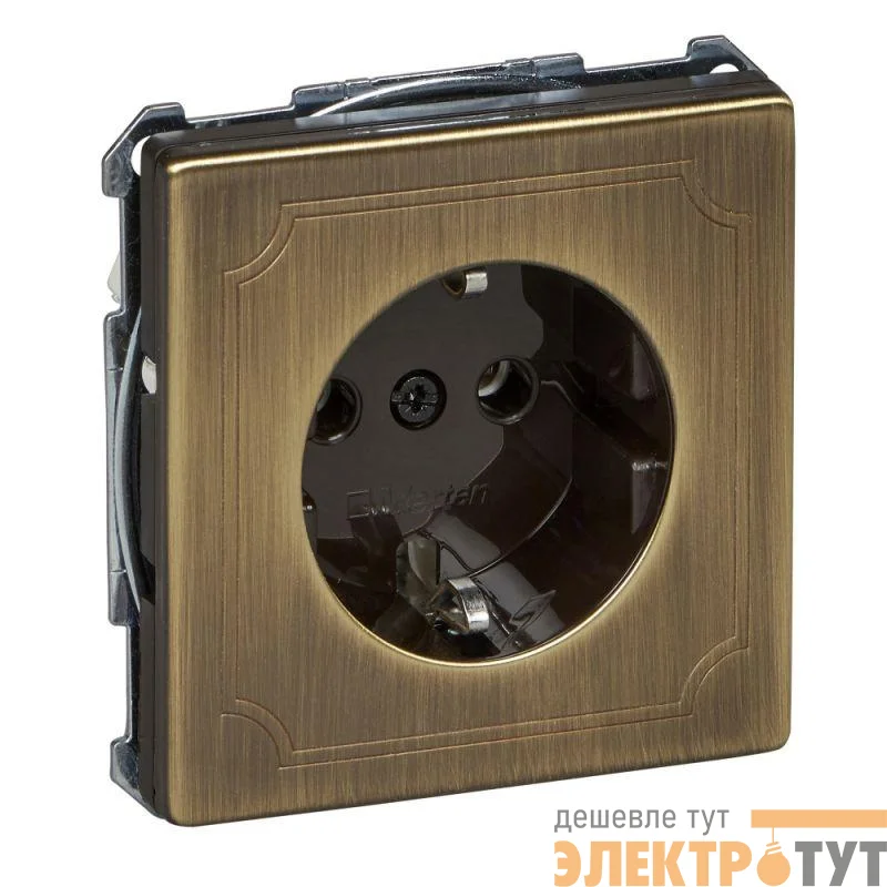 Механизм розетки 1-м СП Merten Antique 16А IP20 с заземл. без защ. шторок QF SD античная латунь SchE MTN2301-4143