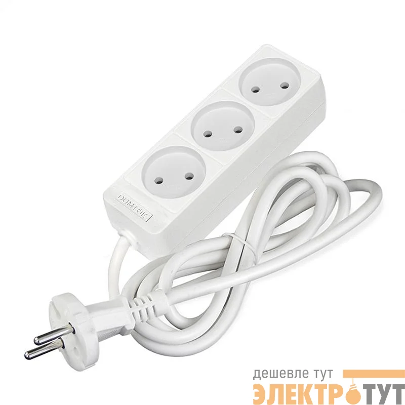 Удлинитель 3х1.5м без заземл. 10А IP20 2.2кВт ПВС 2х0.75 бел. DOMTOK 2370