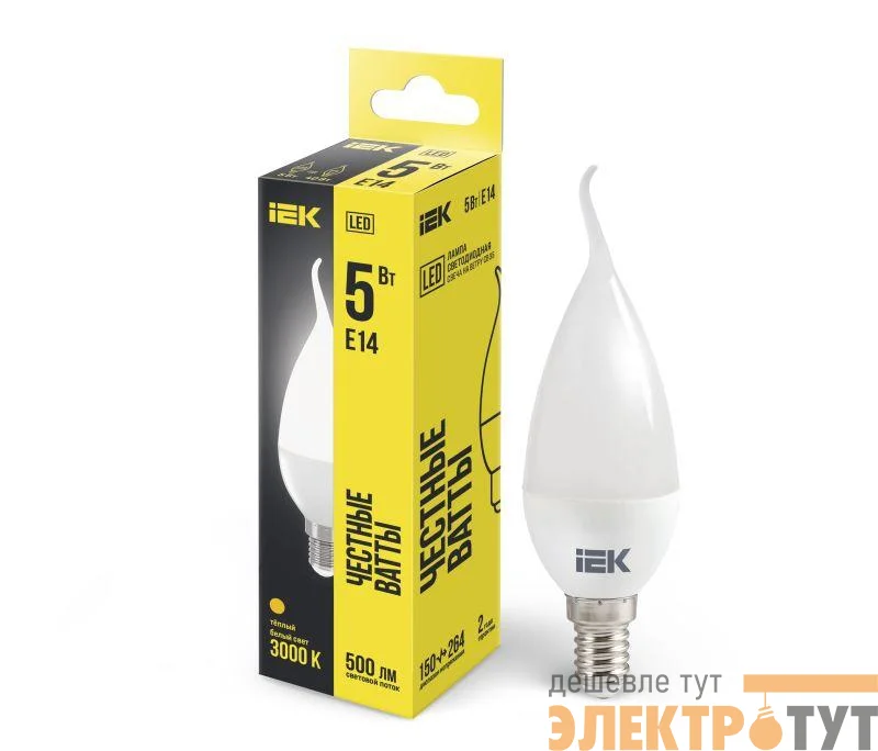 Лампа светодиодная CB35 5Вт свеча на ветру 3000К тепл. бел. E14 450лм 230-240В IEK LLE-CB35-5-230-30-E14