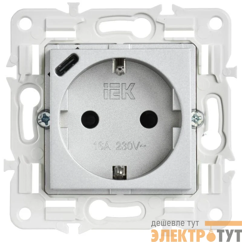 Розетка SKANDY 18Вт 16А с заземл. защ. шторки с USB C SK-R17S серебр. IEK SK-R14-16-U14-018-K23