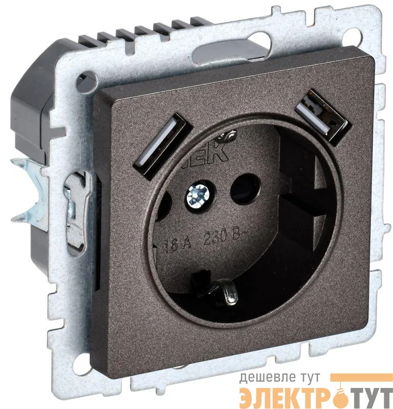 Розетка BRITE РЮш10-1-БрТБ 16А с USB A+A 2.1А с заземл. защ. шторки темн. механизм бронза IEK BR-R14-16-U21-D21-K45
