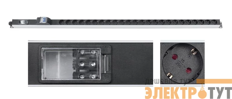 Блок розеток для 19дюйм шкафов PDU-32-24S-B-T вертик. 24 розетки Schuko 32А автомат защиты алюм. корпус клем. колодка Cabeus 9544c