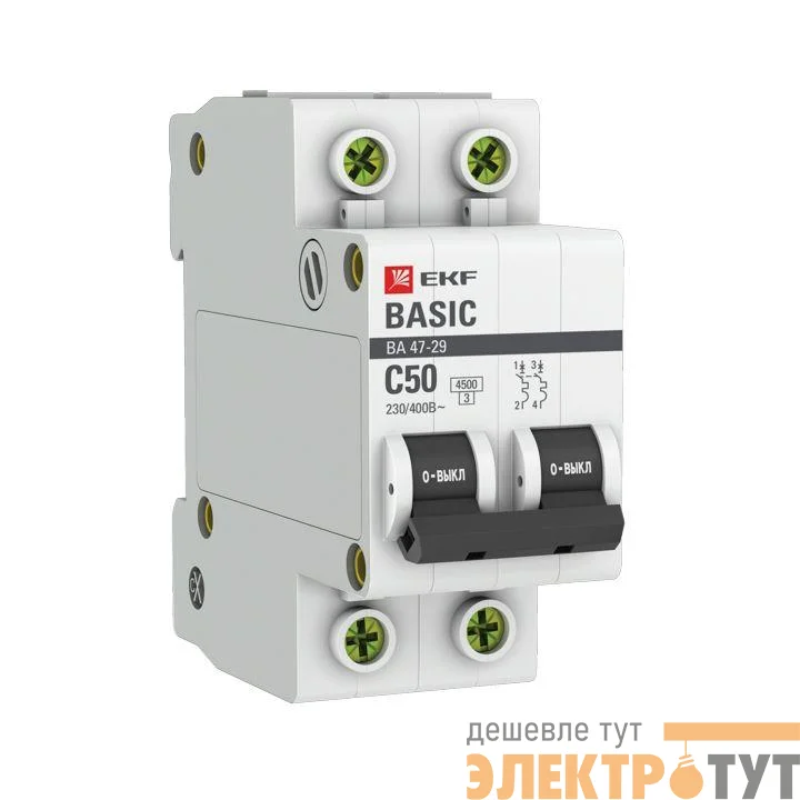 Выключатель автоматический модульный 2п C 50А 4.5кА ВА 47-29 Basic EKF mcb4729-2-50C