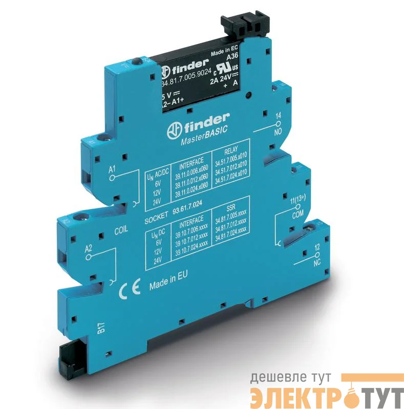 Модуль интерфейсный (сборка 34.81.7.024.8240 + 93.61.7.024) твердотельное реле MasterBASIC выход 2А (240В AC) 24В DC IP20 винт. клеммы FINDER 391070248240