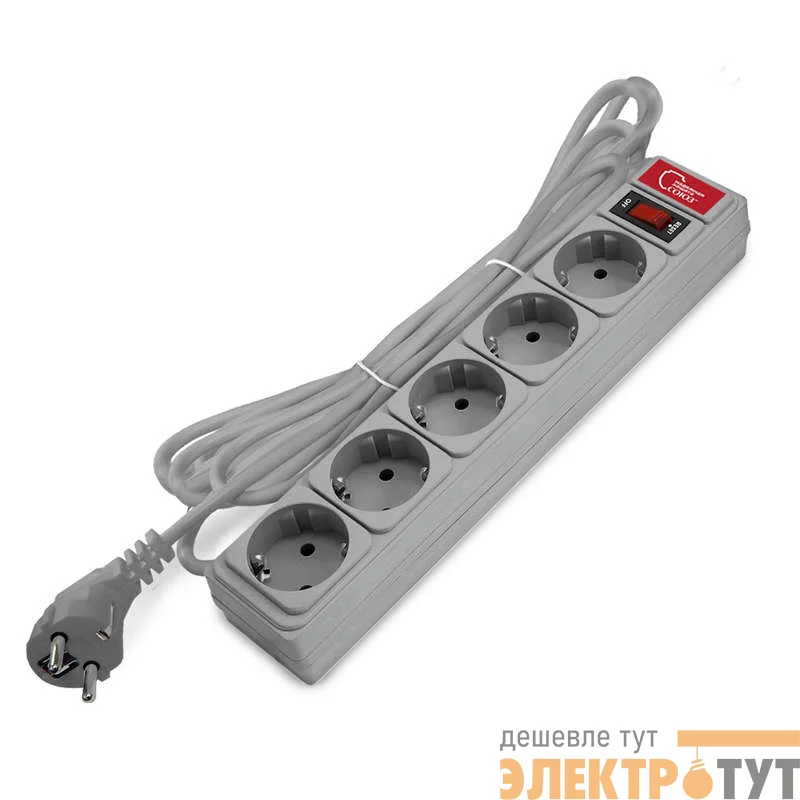 Удлинитель с сетевым фильтром 5х3м 10А IP21 ПВС 3х0.75 сер. Союз 1329