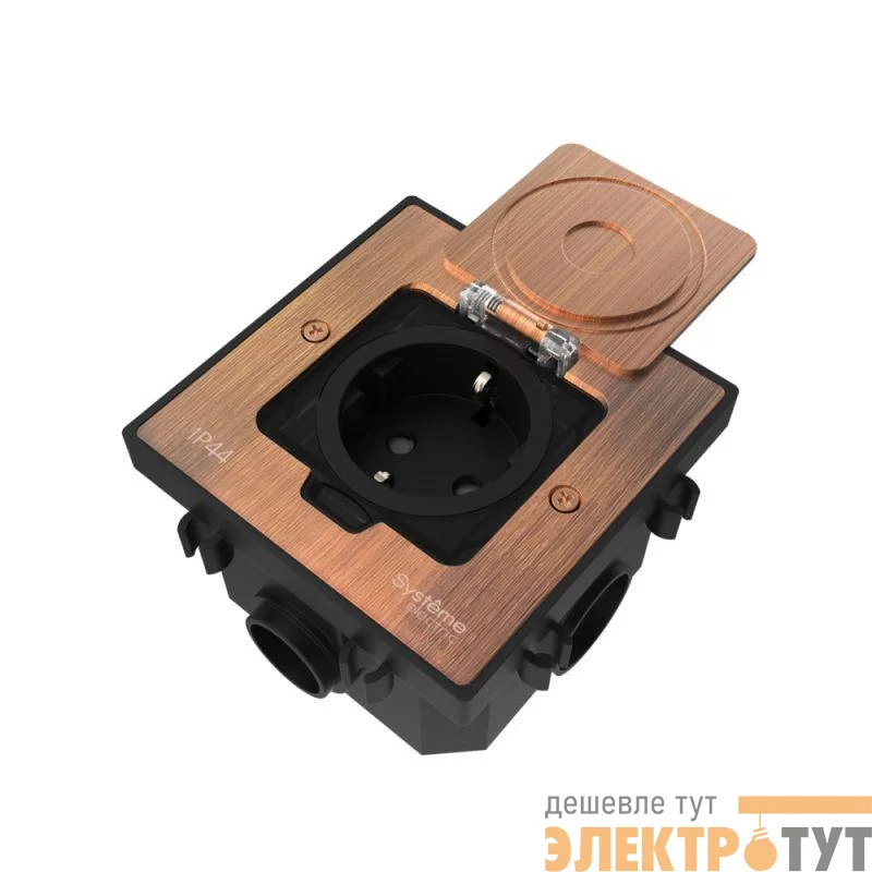 Лючок MultiDesk MDK21 с розеткой 2P+E 16А 250В IP44 с монтажной коробкой для бетонных полов медь SE MDK21202CC