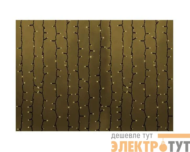 Гирлянда Дождь "ПЛЕЙ-ЛАЙТ" 2х1.5м 360LED 22Вт IP44 230В тепл. бел.; фиксинг темн. зел. провод NEON-NIGHT 235-126