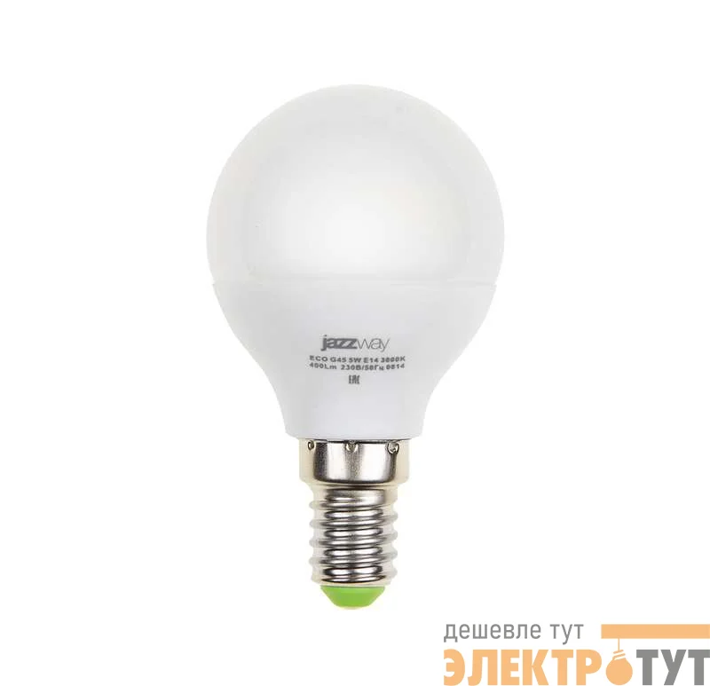 Лампа светодиодная PLED-ECO-G45 5Вт шар 3000К тепл. бел. E14 400лм 220-240В JazzWay 1036896A