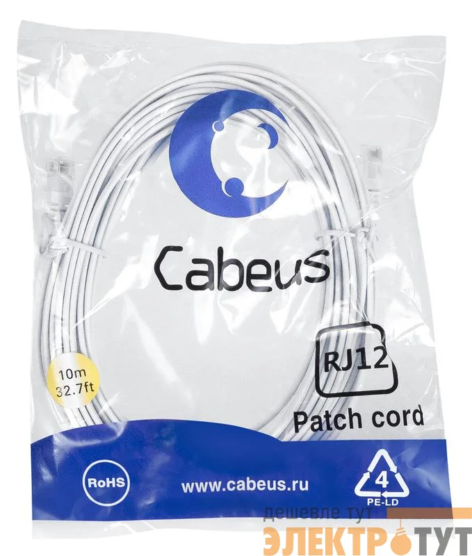 Патч-корд телефонный PC-TEL-RJ12-10m 2х6р4с PVC 10м бел. Cabeus 7892c