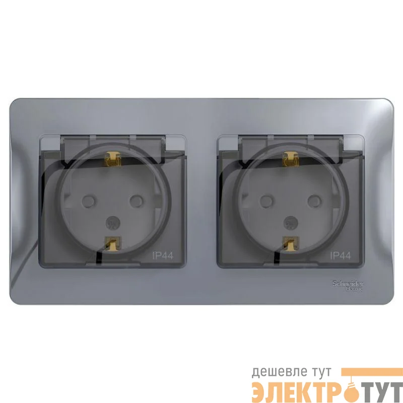 Розетка 2-м СП 2мод. Glossa 16А IP44 с заземл. защ. шторки в сборе алюм. SE GSL000347