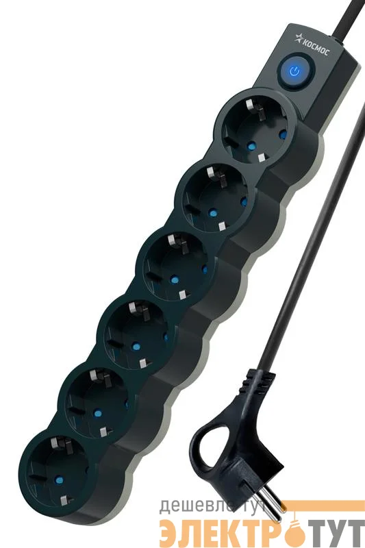 Удлинитель 6х3м с заземл. 10А IP20 2200Вт 220В защ. шторки ПВС 3х1 с выкл. черн. КОСМОС YKsm3m-6g-Z-V10A-B