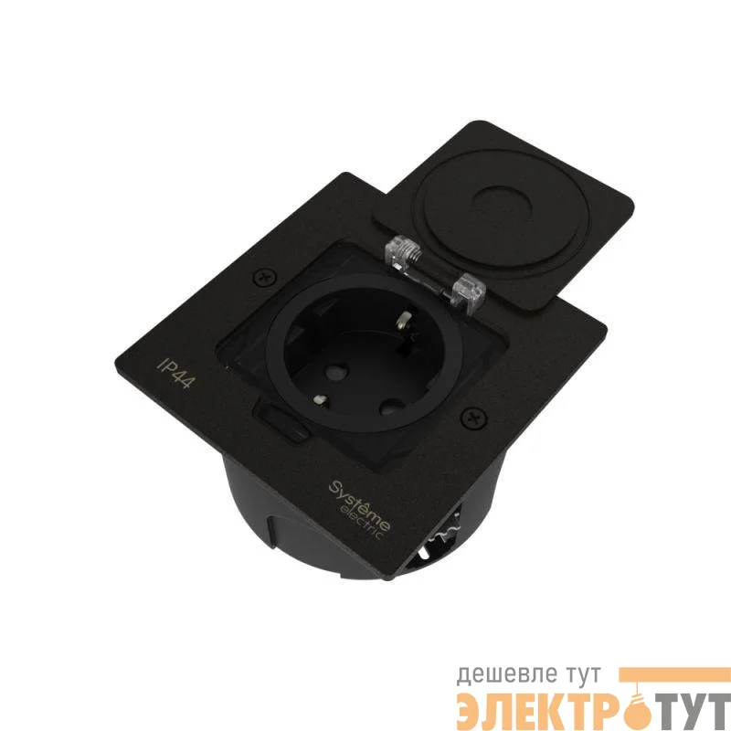 Лючок MultiDesk MDK21 с розеткой 2P+E 16А 250В IP44 с монтажной коробкой для стены фальшпола стола черн. матов. SE MDK21102MBA