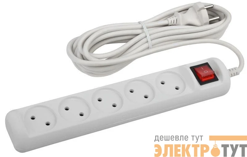 Удлинитель 5х5м без заземл. 10А IP20 U-5s-5m-2х1 ПВС 2х1 с выкл. Эра Б0044057