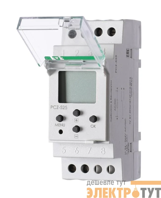 Реле времени астрономическое PCZ-525 24-264В AC/DC 16А 1 переключ. контакт IP20 1 канал монтаж на DIN-рейке F&F EA02.002.005