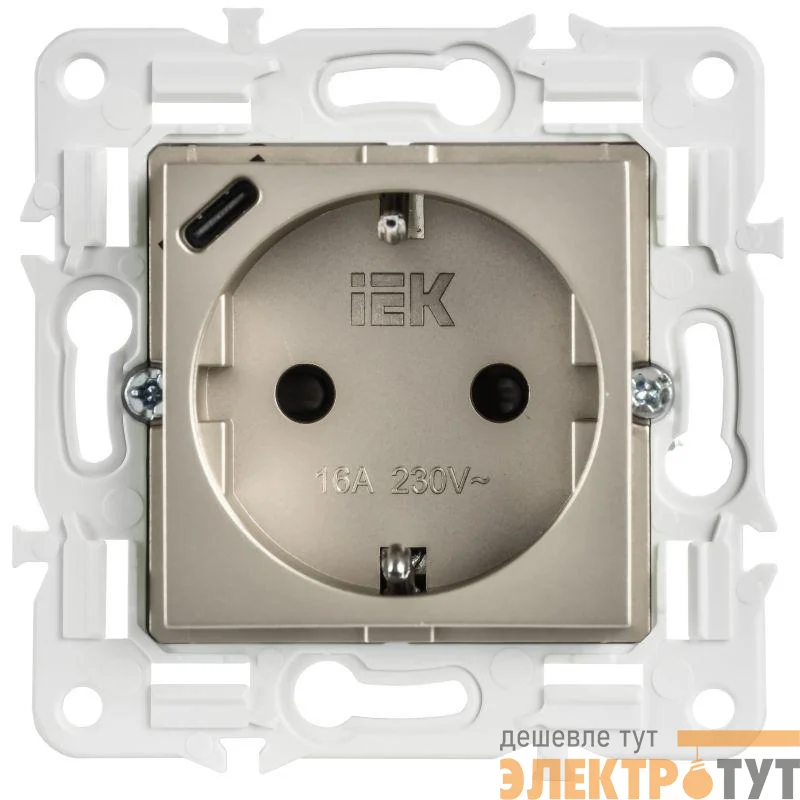 Розетка SKANDY 18Вт 16А с заземл. защ. шторки с USB C SK-R17Sh шампань IEK SK-R14-16-U14-018-K37