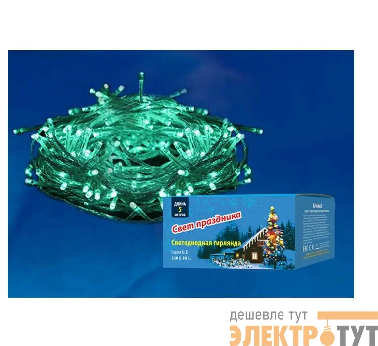 Гирлянда светодиодная ULD-S0500-050/DTA GREEN IP20 5м с контроллером 50 светодиодов зел. провод прозр. Uniel UL-00005760