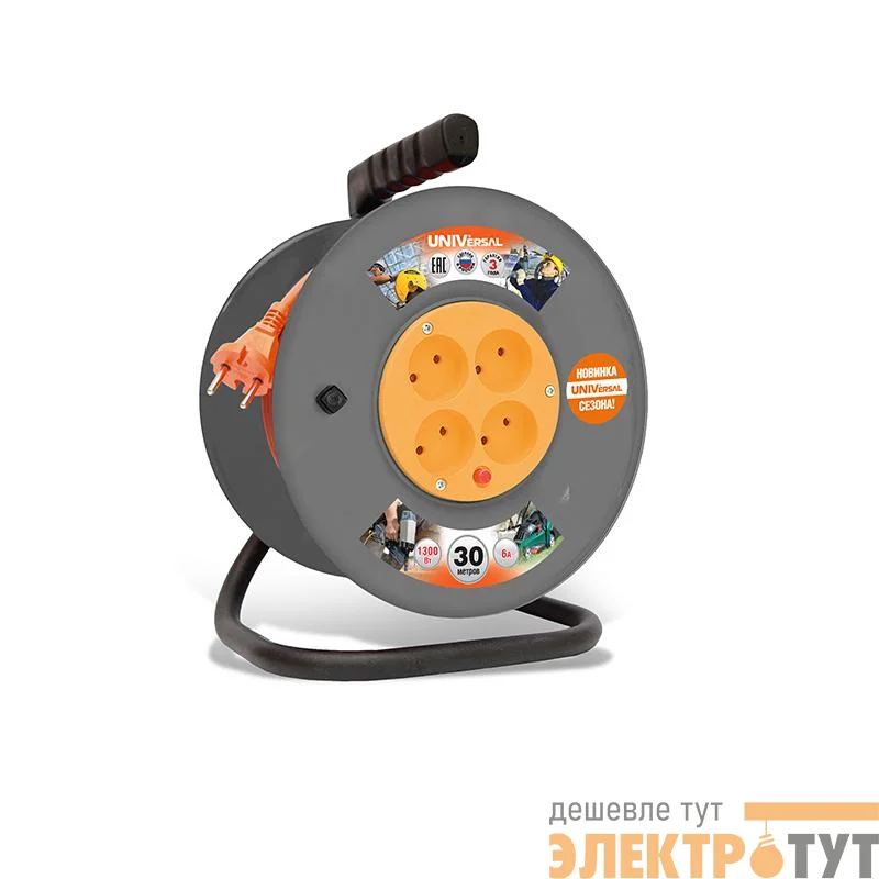 Удлинитель на катушке 4х30м без заземл. 6А IP44 ВЕМ-250 ПВС 2х0.75 термозащита UNIVersal 9634148