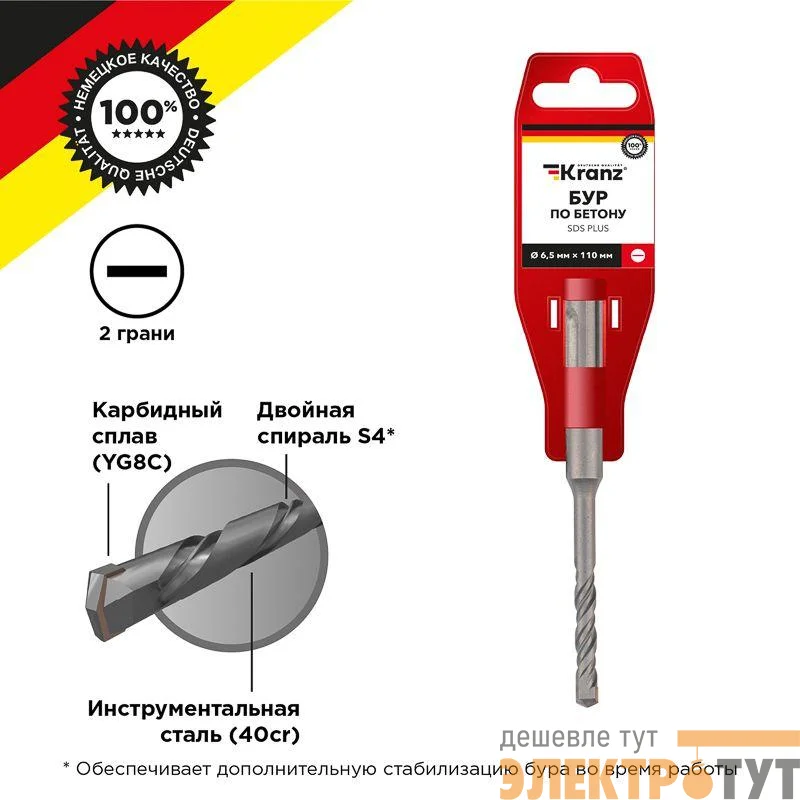 Бур по бетону 6.5x110x50мм SDS PLUS Kranz KR-91-0004