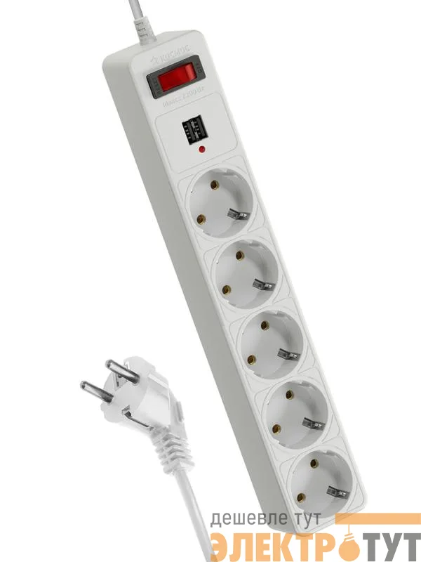 Удлинитель с сетевым фильтром 5х3м с заземл. 10А IP20 2.2кВт 2хUSB 3х0.75 с предохранителем КОСМОС FKsm3m-5g(W)USB