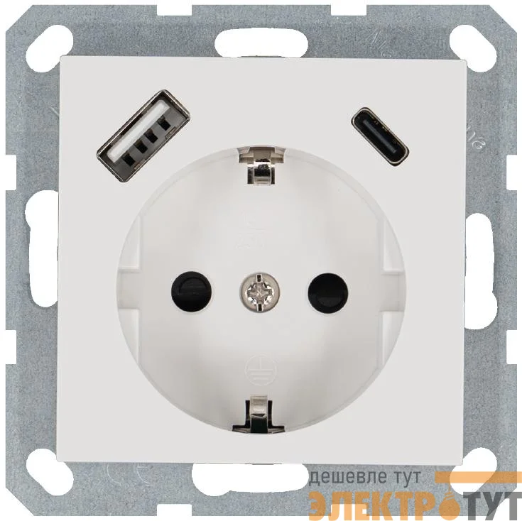 Розетка Shuko 16А с заземл. защ. шторки с 2-мя заряд. устройствами USB тип A+C 25Вт механизм бел. глянцевый Jasmart G5501USB-25W