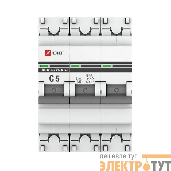 Выключатель автоматический модульный 3п C 5А 4.5кА ВА 47-63 PROxima EKF mcb4763-3-05C-pro