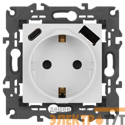Розетка Elegance 14-4108-01 16A 250В 2P+E защ. шторки с USB type-A+C 3А 5В белый Эра Б0067736
