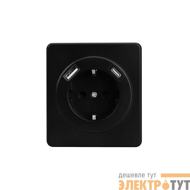 Розетка 1-м СП ROUND MIELE 16А с заземл. защ. шторки с USB A+C быстрой зарядки 5В/3А оникс Kranz KR-78-0704-3