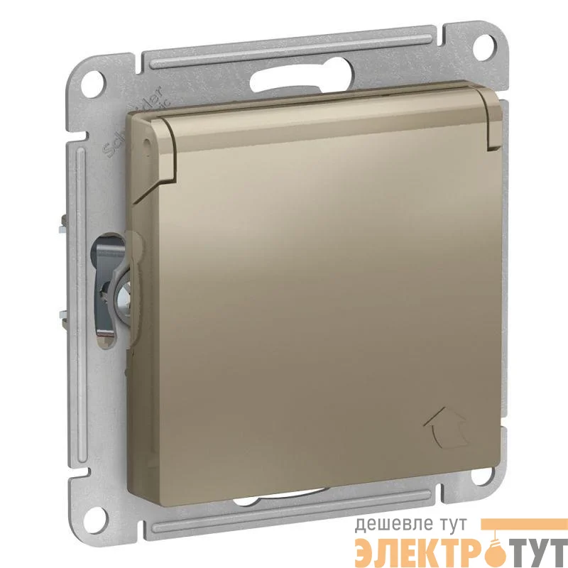 Розетка 1-м СП AtlasDesign 16А IP20 с заземл. защ. шторки с крышкой механизм шампань SE ATN000546