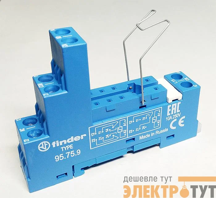Розетка с винт. клеммами (с зажимной клетью) для реле 40.51 40.52 40.61 40.62 модули 99.01 в комплекте металлич. клипса 095.71 син. FINDER 95759SMA
