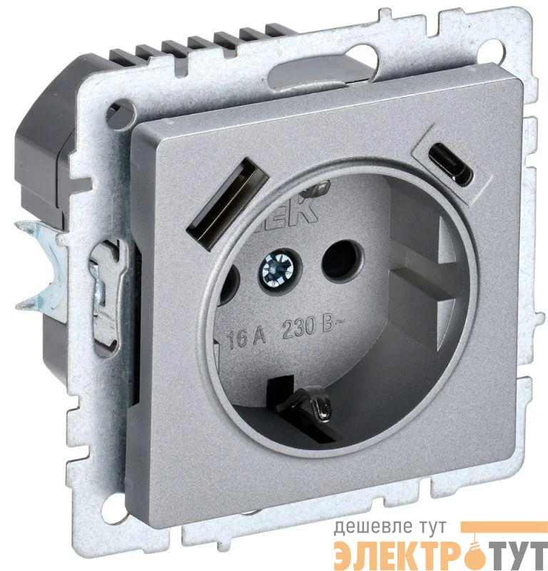 Розетка BRITE РЮш11-1-БрА 16А с USB A+C 18Вт с заземл. защ. шторки механизм алюм. IEK BR-R14-16-U22-018-K47
