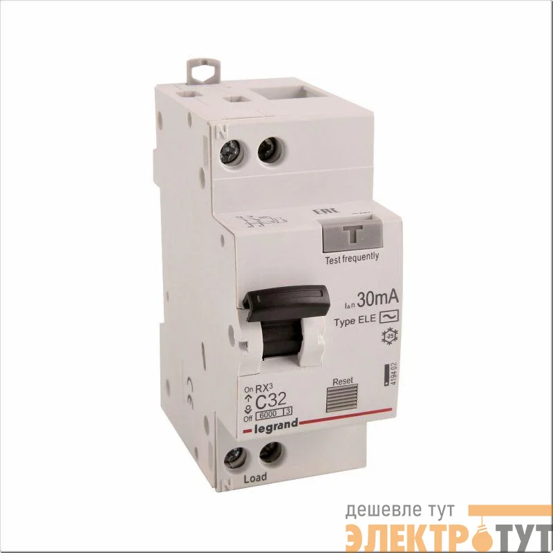 Выключатель автоматический дифференциального тока 2п (1P+N) C 32А 30мА тип AC 6кА RX3 ИЭК Leg 419402