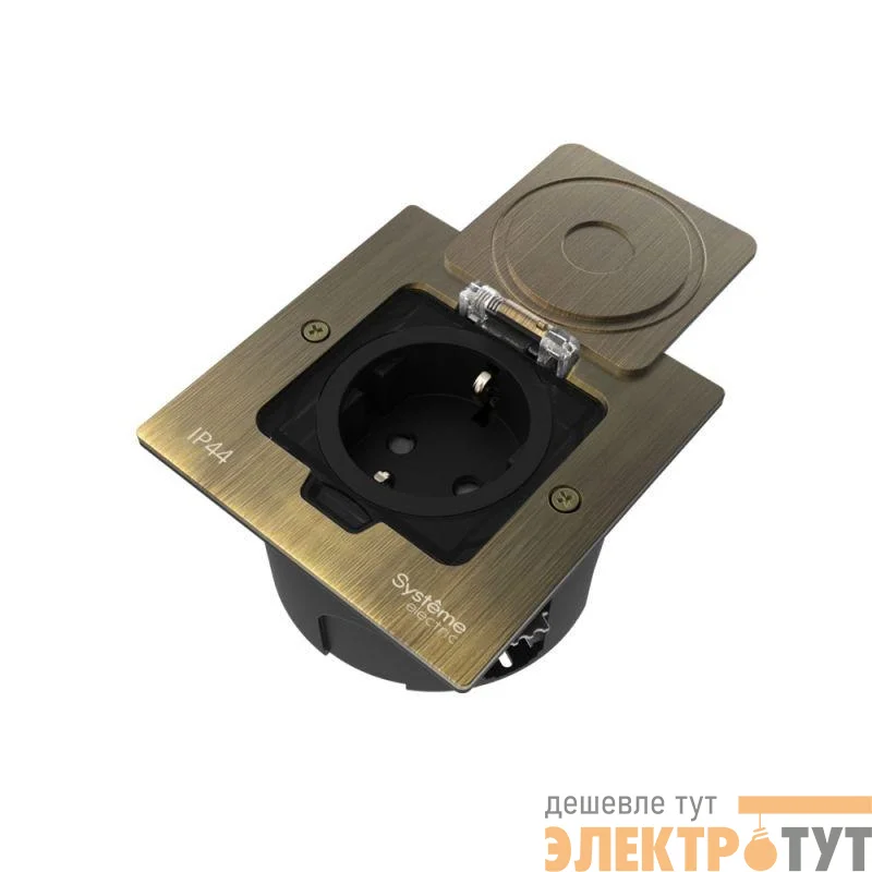 Лючок MultiDesk MDK21 с розеткой 2P+E 16А 250В IP44 с монтажной коробкой для стены фальшпола стола античная латунь SE MDK21102BA