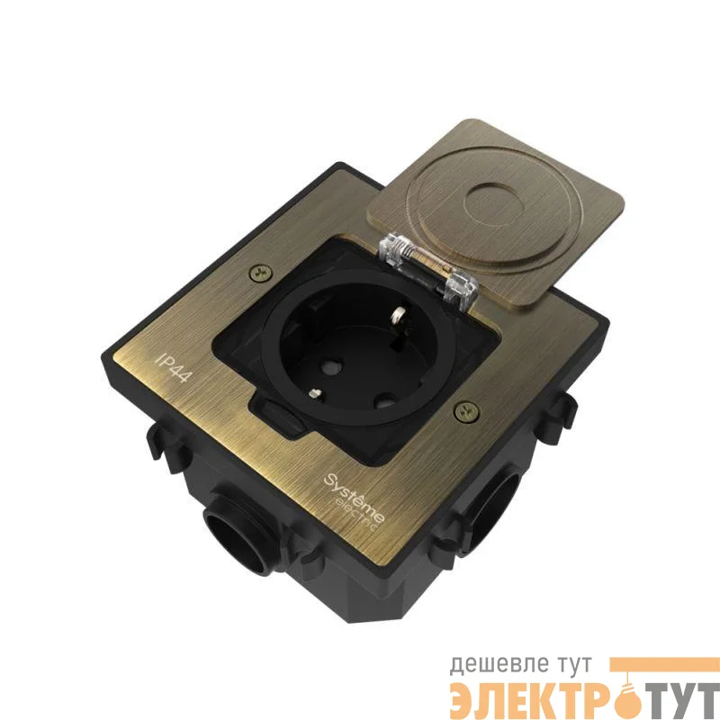 Лючок MultiDesk MDK21 с розеткой 2P+E 16А 250В IP44 с монтажной коробкой для бетонных полов античная латунь SE MDK21202BC