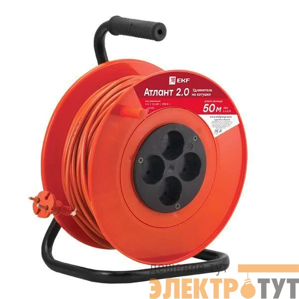 Удлинитель на катушке 4х50м без заземл. 6А IP20 Атлант 2.0 1.3кВт ПВС 2х0.75 PROxima EKF UKA02-06-275-4-50