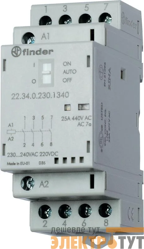 Контактор модульный 4NO 25А AgSnO2 230В AC/DC 35мм IP20 опции: мех. индикатор + LED FINDER 223402304320
