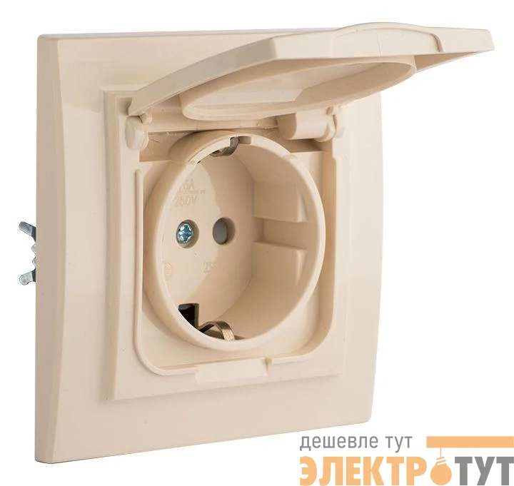 Розетка 1-м СП Минск 16А IP44 с заземл. защ. шторки с крышкой беж. EKF ERR16-029-200-44