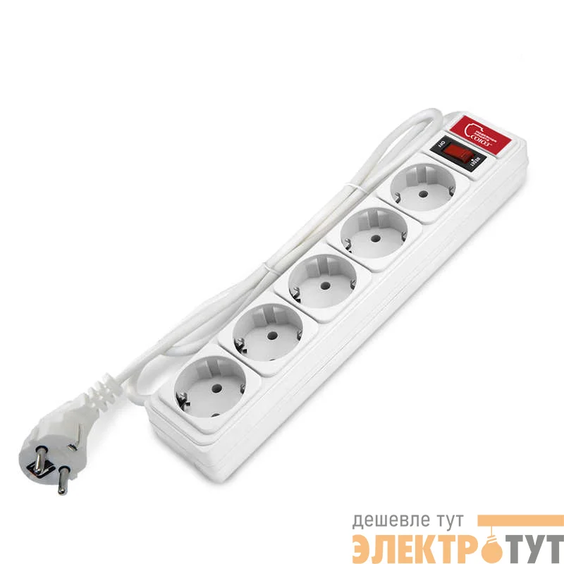 Удлинитель с сетевым фильтром 5х1.5м 10А IP21 ПВС 3х0.75 бел. Союз 1324