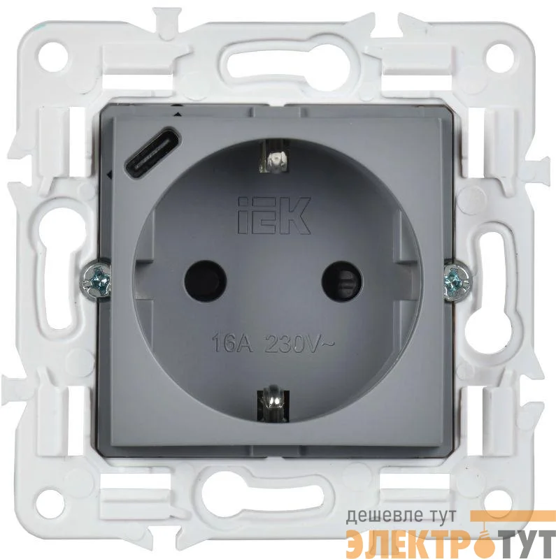 Розетка SKANDY 18Вт 16А с заземл. защ. шторки с USB C SK-R17Gr сер. IEK SK-R14-16-U14-018-K03