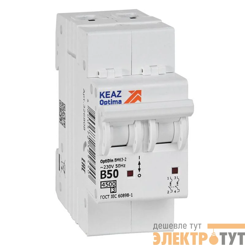 Выключатель автоматический модульный 2п B 50А 4.5кА OptiDin BM63-2B50-4.5-УХЛ3 КЭАЗ 329515
