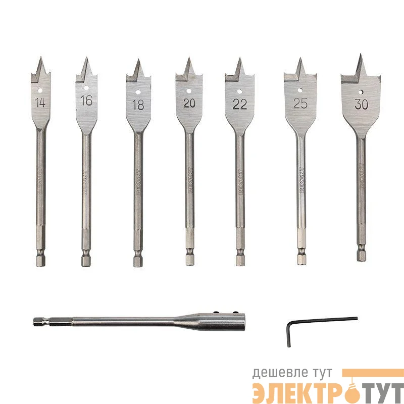 Набор сверл перовых по дереву 9 предметов: 14-16-18-20-22-25-30х152мм удлинитель ключ угловой Kranz KR-91-0762