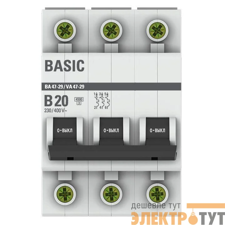 Выключатель автоматический модульный 3п B 20А 4.5кА ВА 47-29 Basic EKF mcb4729-3-20-B