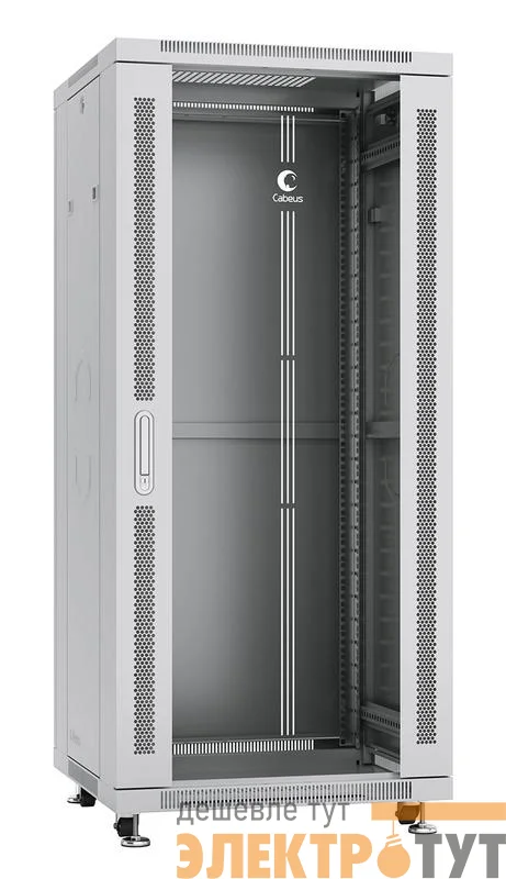 Шкаф монтажный телекоммуникационный напольный SH-05C-27U60/80 19дюйм для распред. и серверн. оборудования 18U 600х600х988мм передн. стеклян. и задн. сплошн. метал. двери 27U 600х800х1388мм ручка с замком сер. (RAL 7035) Cabeus 7050c