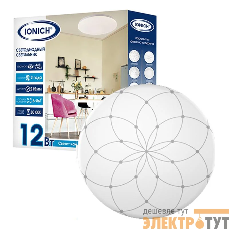 Светильник светодиодный 2219 12Вт 4000К IP20 850лм d215х50мм бытовой настенно-потолочный IONICH 1694
