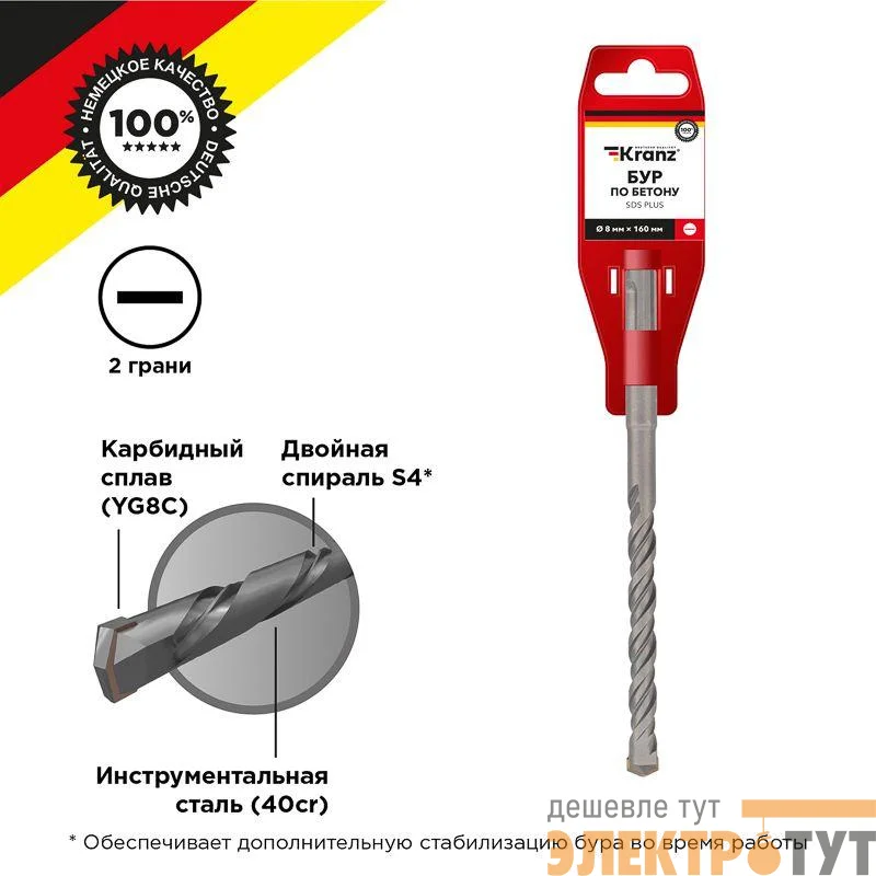 Бур по бетону 8x160мм SDS PLUS Kranz KR-91-0012