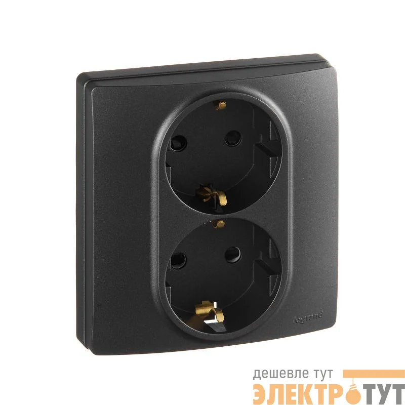 Розетка 2-м СП Etika 2К+З 16А защ. шторки с заземл. безвинт. зажимы в сборе антрацит Leg 672633