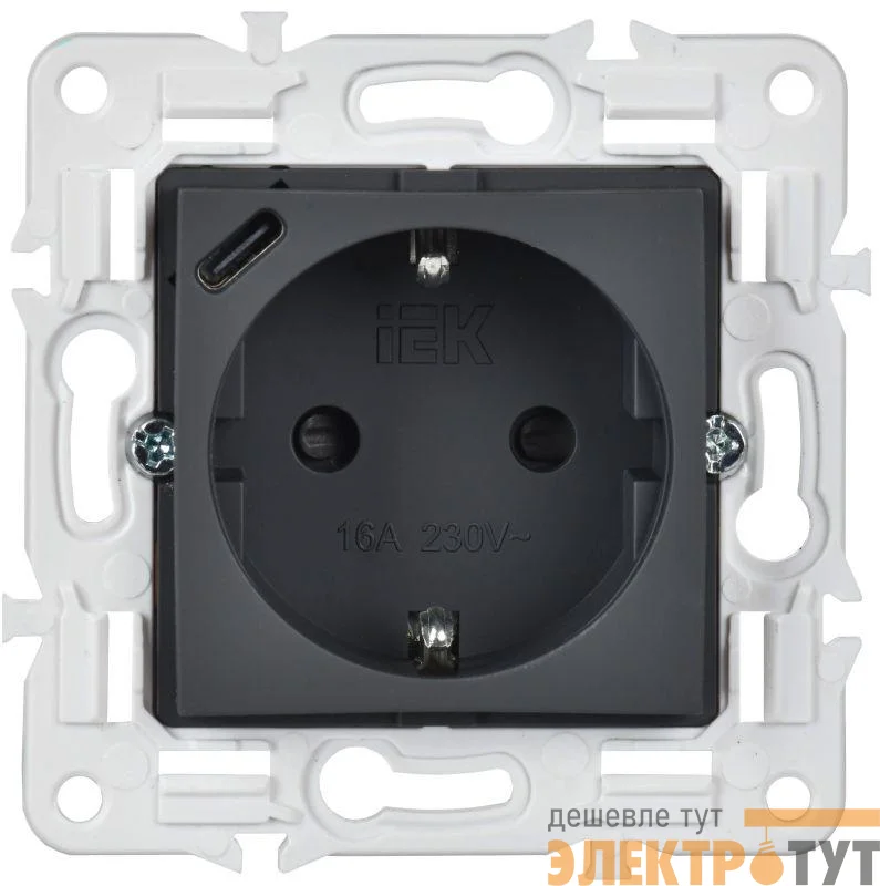 Розетка SKANDY 18Вт 16А с заземл. защ. шторки с USB C SK-R17G графит IEK SK-R14-16-U14-018-K53